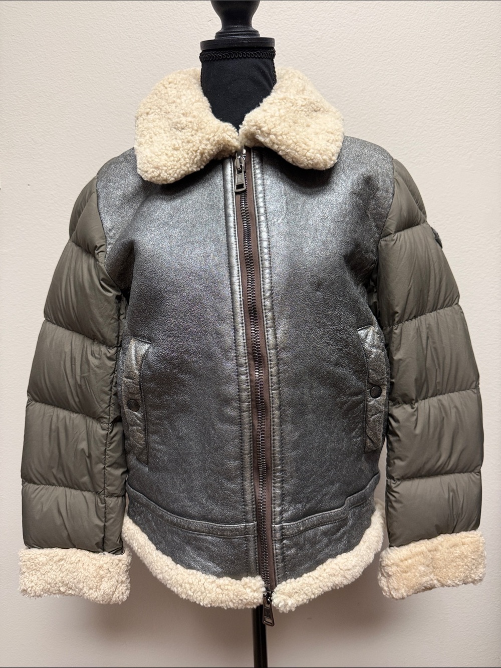 Moncler Olive Green & Metallic Silver Shearling-Trim Puffer Jacket